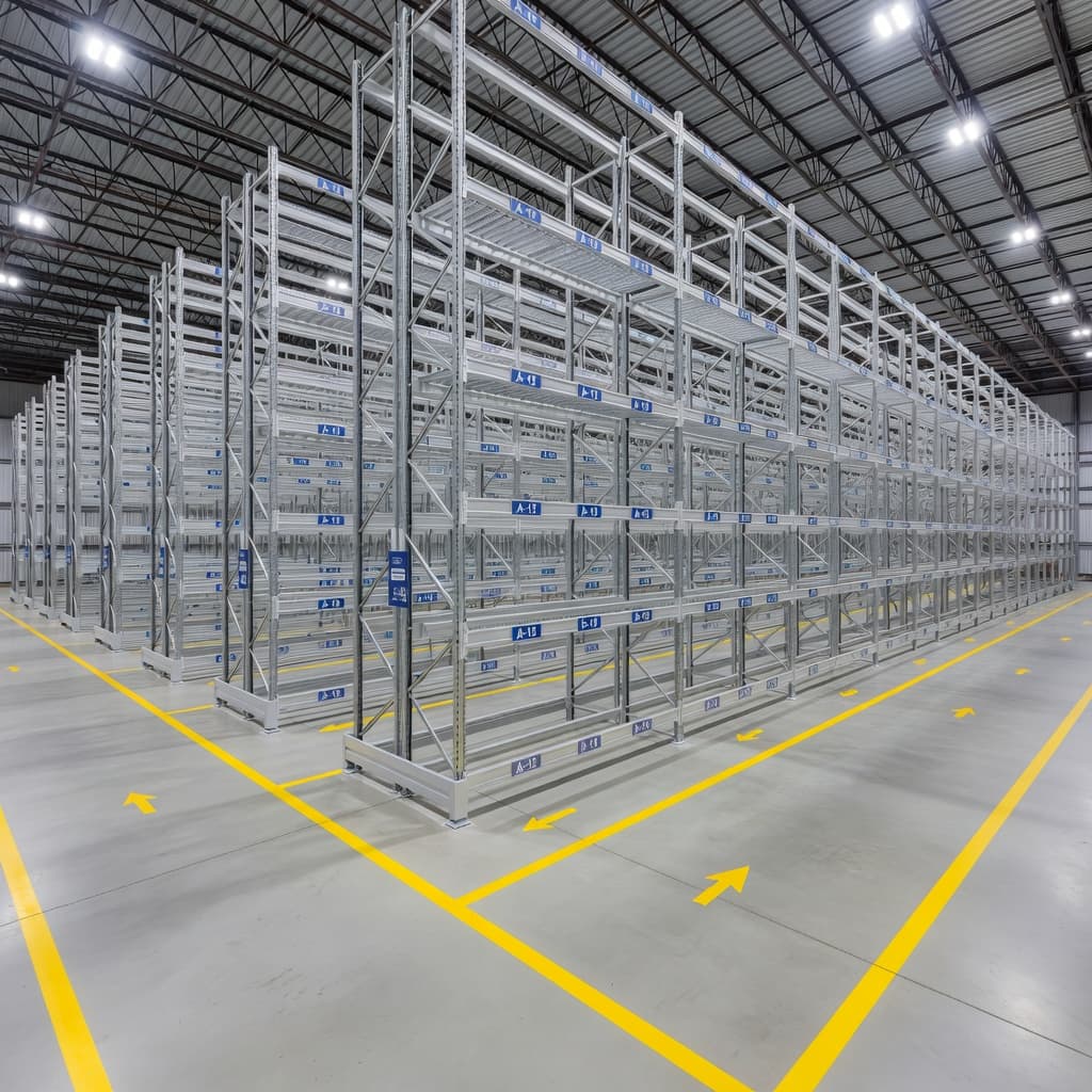 Rows of tall steel storage racks stretch down the center of a spacious facility with clear, wide aisles. Bright overhead lights illuminate the polished concrete floor in this clean, functional space.
