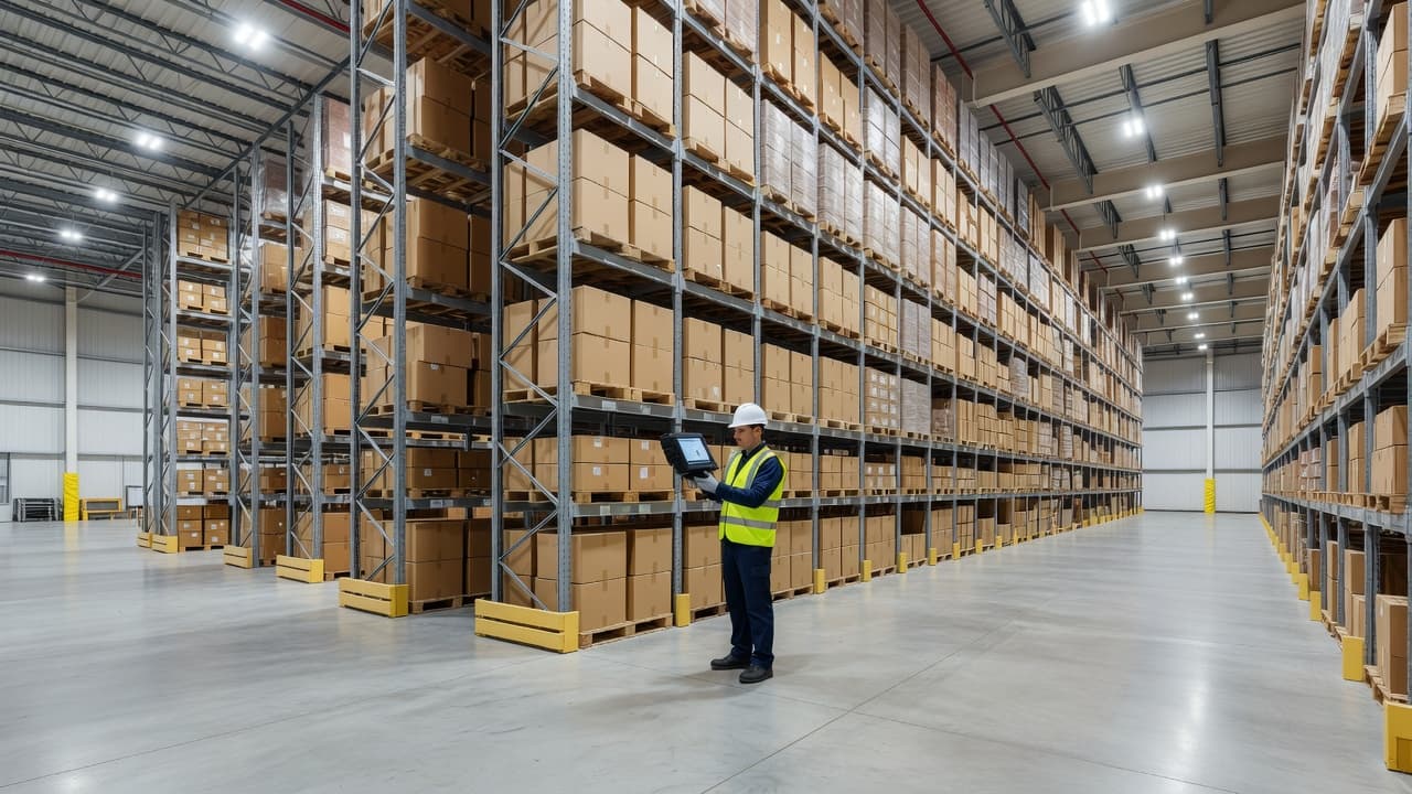 A worker scans packages within a spacious warehouse featuring towering industrial shelves filled with organized boxes. Bright overhead lighting illuminates the wide concrete aisles to showcase a safe and efficient environment.