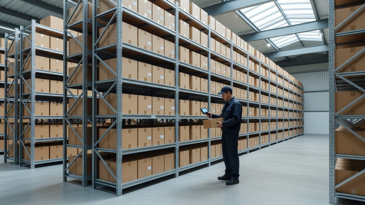 A clean, expansive warehouse features rows of metal shelving stocked with organized goods. In the background, a staff member uses a handheld scanner to manage inventory flow within the space.