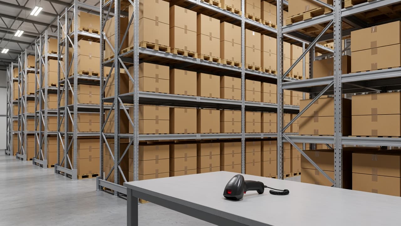 A handheld barcode scanner sits on a workstation in the foreground while rows of tall industrial shelving packed with cardboard boxes extend into the background. Bright, even light fills the warehouse.