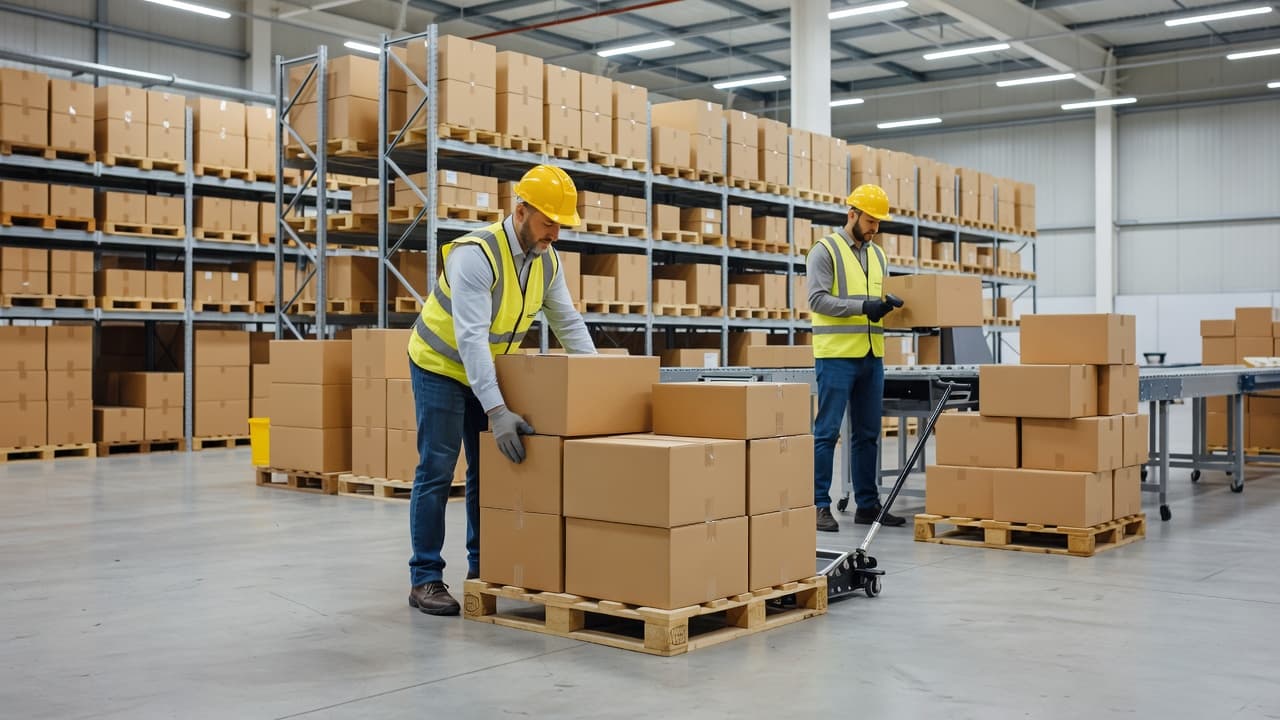 A worker in a high-visibility vest carefully organizes stacked cardboard boxes on a wooden pallet. In the background, another staff member scans inventory near a clean and efficient packing station.