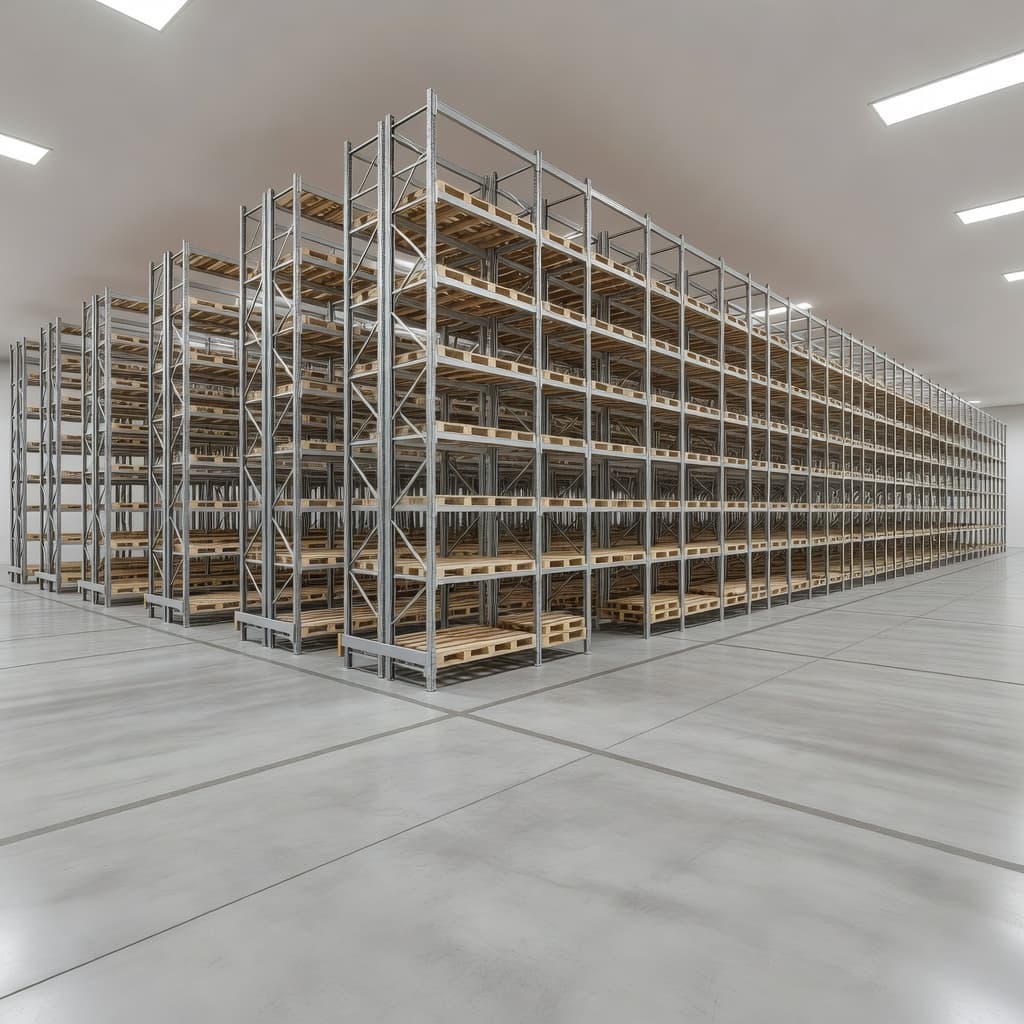 Clean, orderly warehouse rows feature towering storage racks lining spacious aisles. Open pallet spaces await new inventory, illuminated by soft, neutral overhead lighting that highlights a well-managed and professional logistics facility.