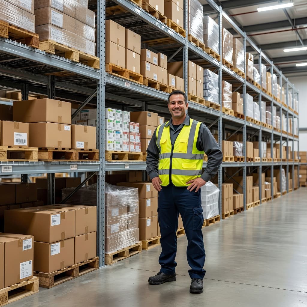 A worker wearing a bright high-visibility safety vest stands confidently near neatly arranged storage racks. Soft industrial overhead lighting illuminates the vast, organized facility and ensures a clean, productive working atmosphere.