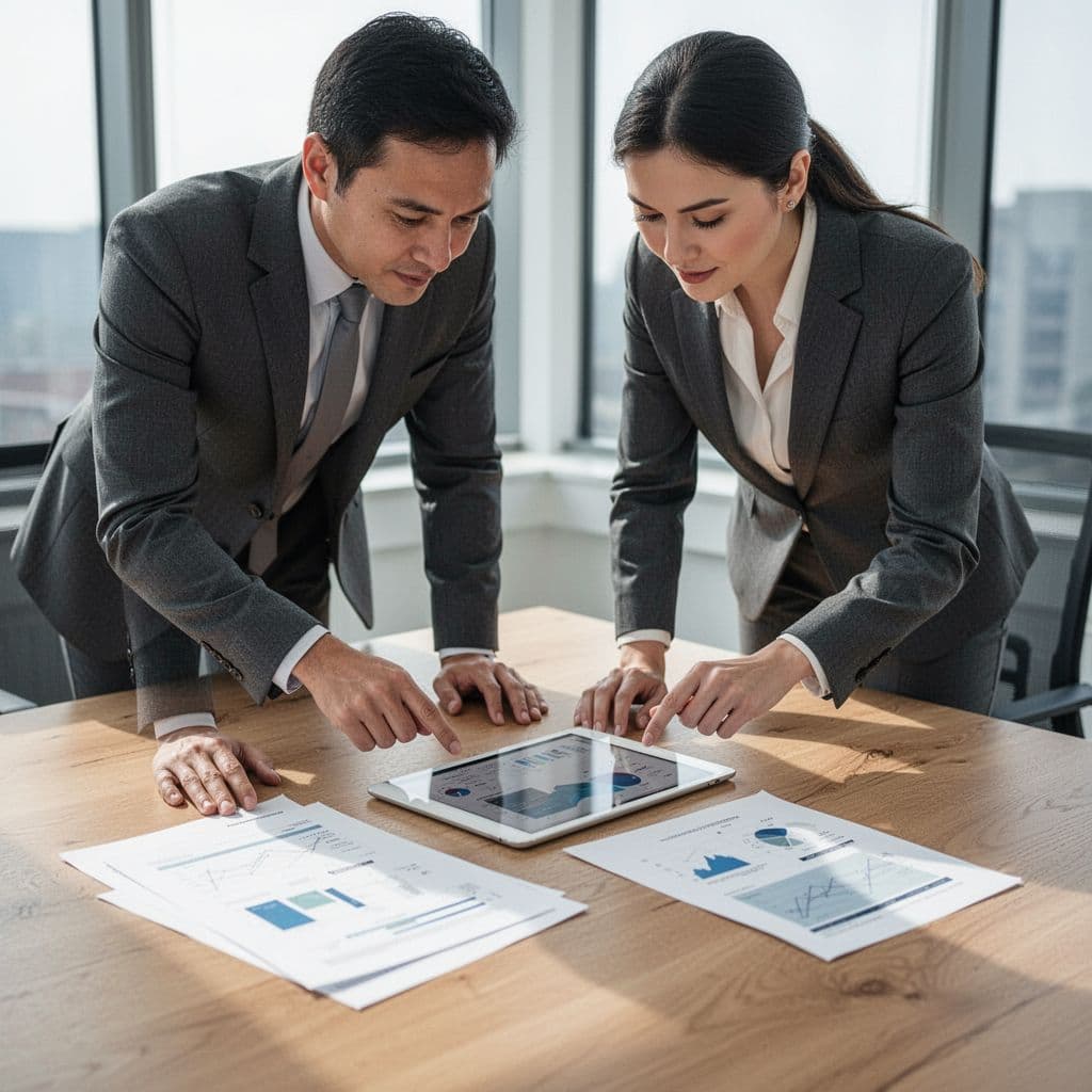 Two business colleagues examine a tablet and printed spreadsheets spread across a minimalist wooden table. Bright office light illuminates their hands and the detailed data charts during their strategic business meeting.