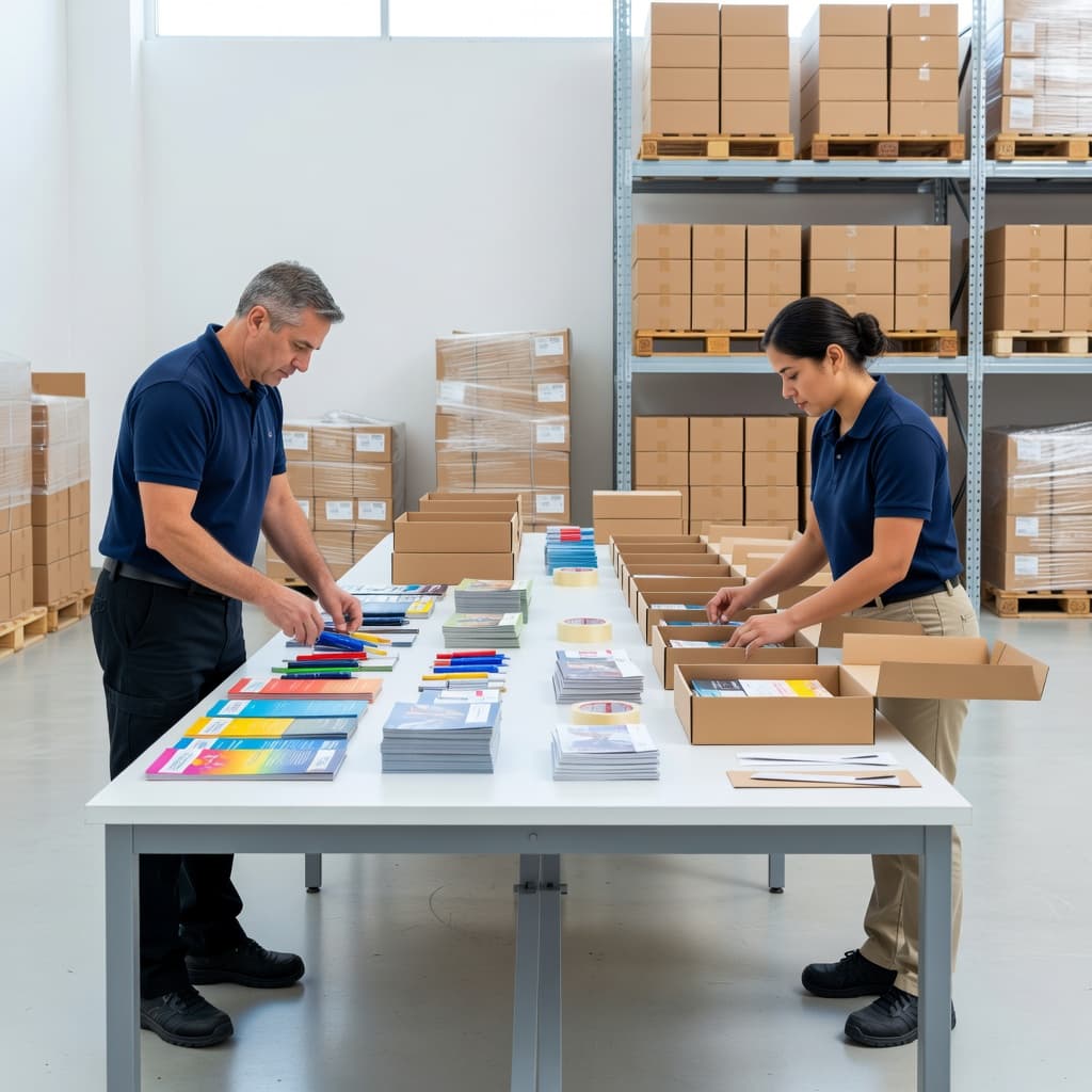 Two workers stand at a long industrial table carefully organizing promotional kits into custom boxes. Bright natural sunlight streams across the clean facility floor, highlighting their efficient and organized workflow.