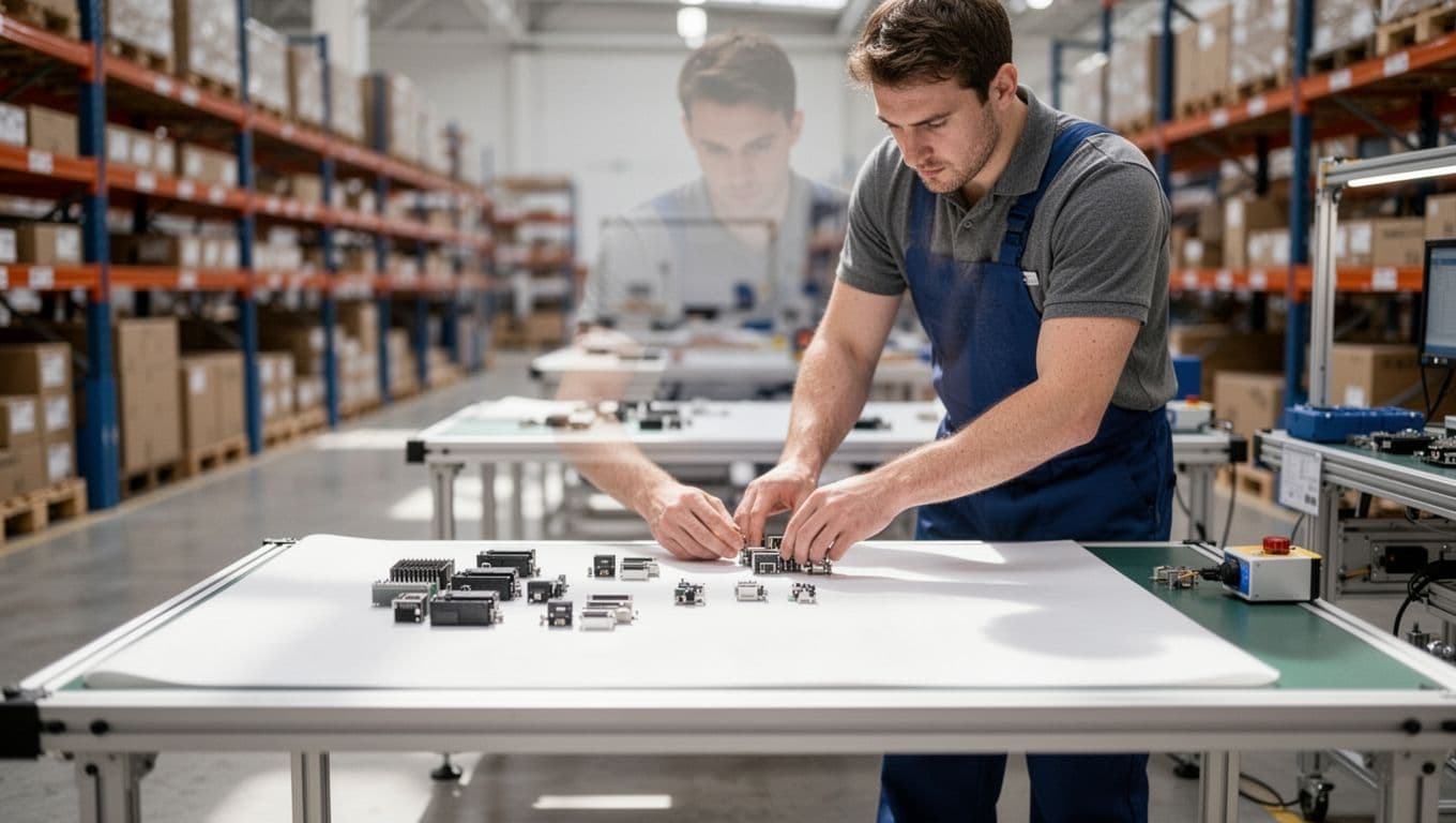 A single worker stands at a pristine white assembly table inside a spacious warehouse. Organized kit components are neatly arranged on a flat surface, with blurred storage racks visible behind.