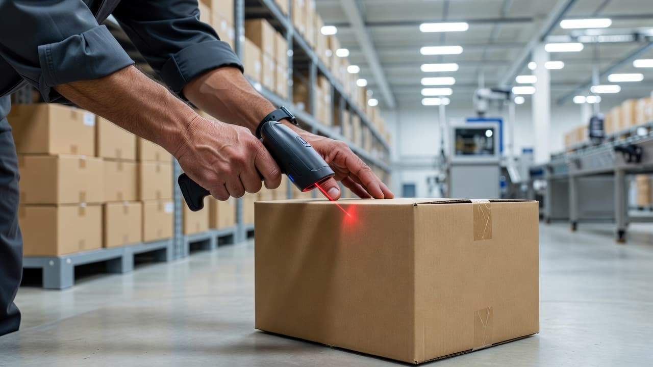 A worker's hands hold a sleek digital scanner against a plain shipping box within a brightly lit logistics center. The shallow depth of field highlights the precise interaction with technology.