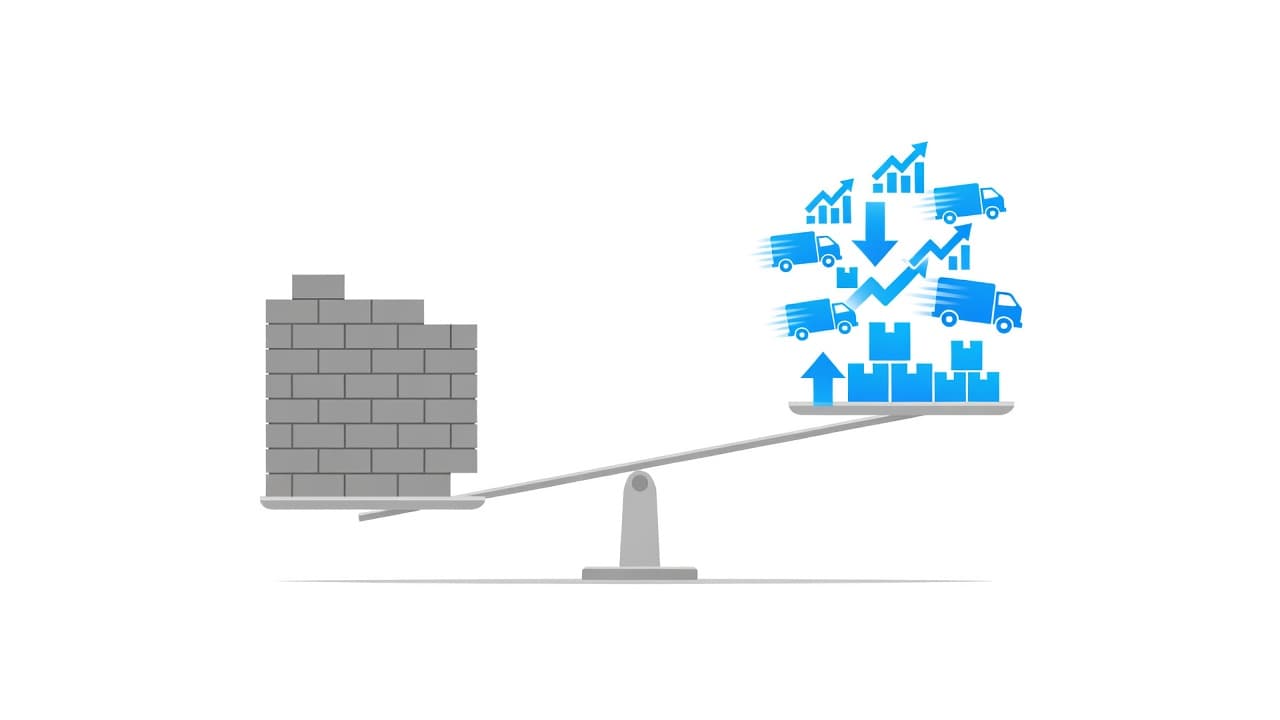 A minimalist graphic displays a balancing scale comparing a heavy static brick wall on the left to floating, adjustable icons on the right against a clean, bright white background.