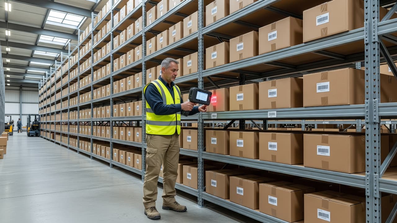 A focused worker in a high-ceiling warehouse uses a handheld scanner to verify inventory items on tall metal shelving. Bright natural light illuminates the clean, organized aisles of the facility.