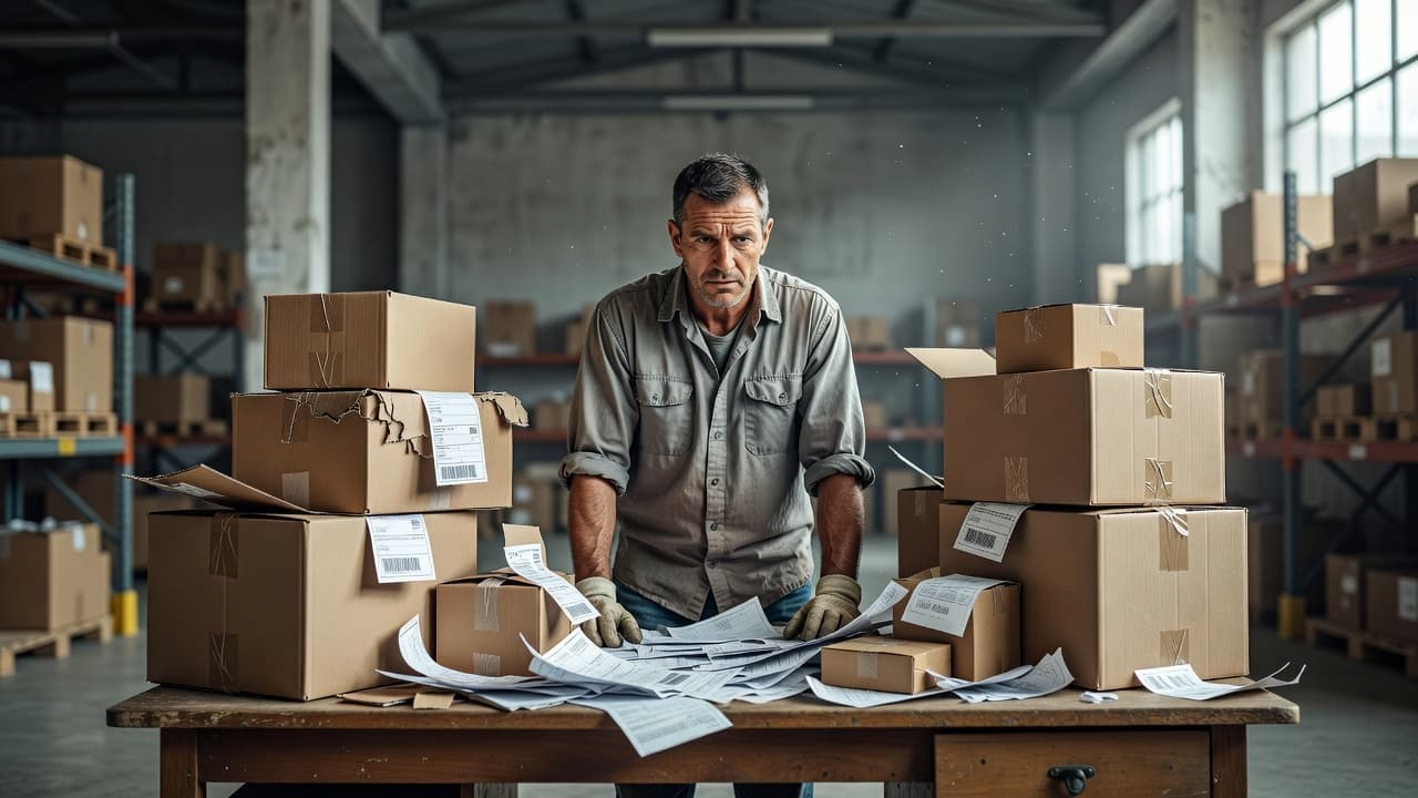 A warehouse employee stares intently at a cluttered wooden desk overflowing with disorganized cardboard boxes and shipping labels. Soft ambient lighting highlights the chaotic environment and the worker's visible professional concern.