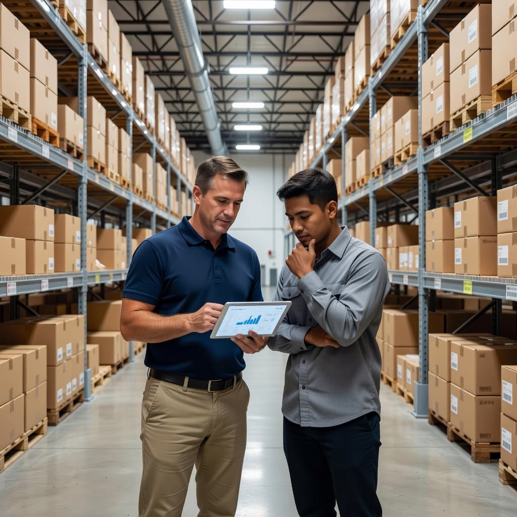 Two professionals in a clean, brightly lit warehouse stand together reviewing data on a handheld tablet. Rows of organized shelving stretch into the distance under high industrial ceilings.