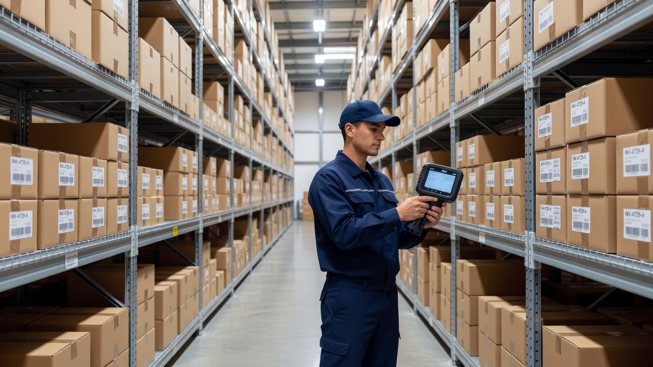Rows of tall metal shelves hold organized boxes in a brightly lit industrial facility. A worker stands in the background using a handheld scanner to maintain accurate logistics and inventory records.