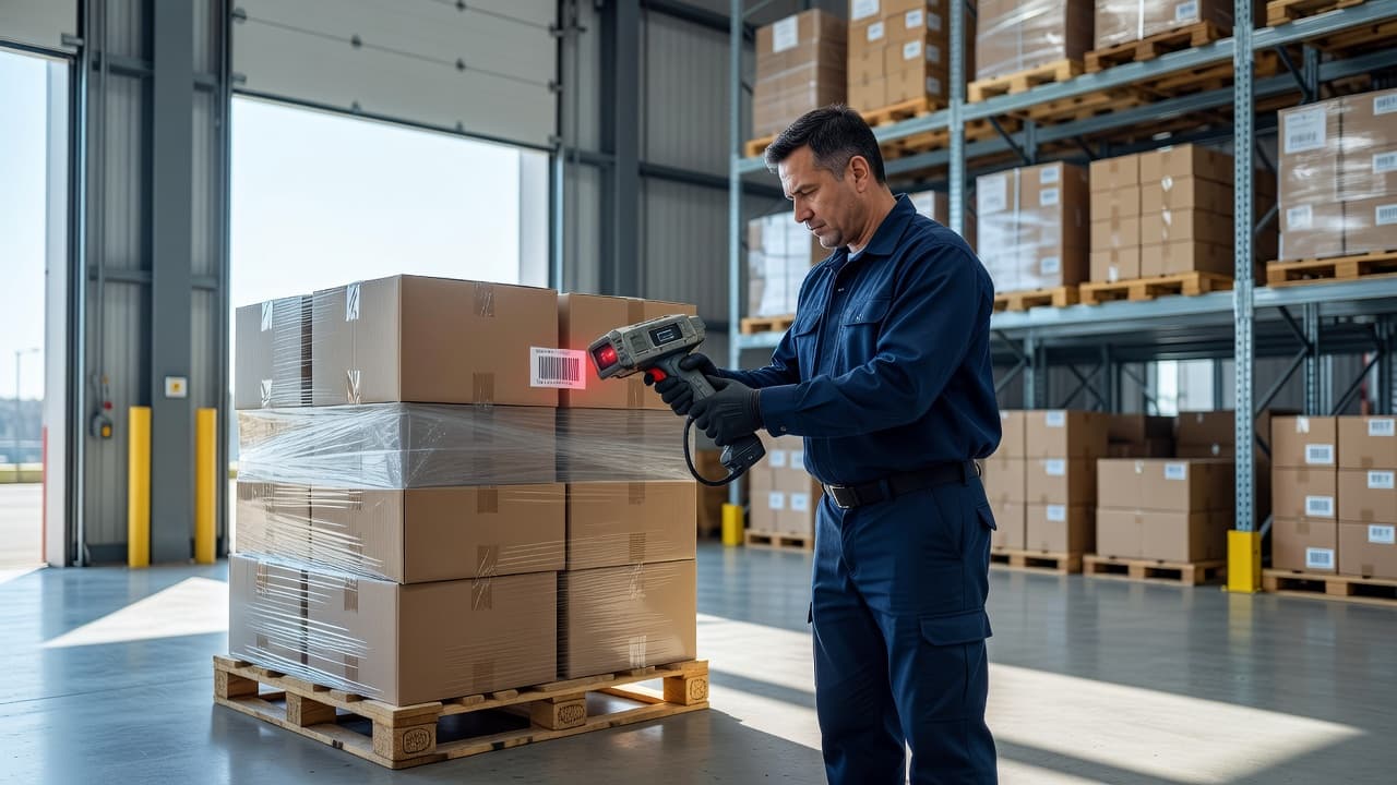 A warehouse employee stands on a concrete shipping dock, utilizing a handheld electronic scanner to record inventory from a large wooden pallet. Organized storage racks fill the bright background area.