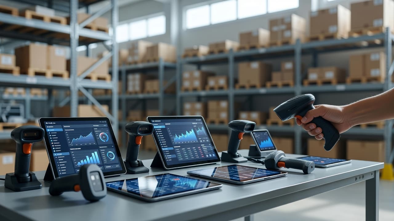 A handheld scanner and digital tablet rest on a clean workstation, with a person's hand grasping the device. Soft, natural light illuminates rows of organized warehouse shelving visible in the background.