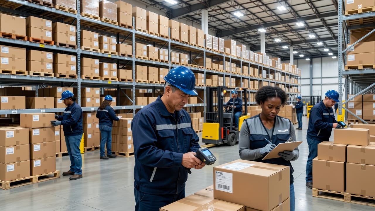Diverse staff members process shipments in a modern distribution facility. One worker uses a handheld scanner while a colleague inspects a shipping label on a cardboard box near organized metal shelving.