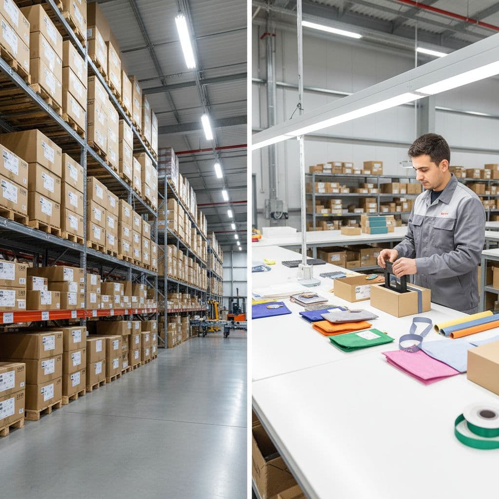 The split-view warehouse displays organized shelving stacked with uniform shipping boxes on the left. The right side features a worker carefully assembling custom kits at a dedicated manual packing station.