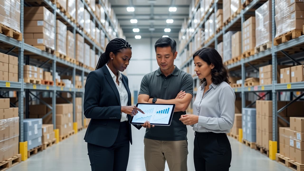 Three professionals stand together in a bright warehouse holding a large tablet to analyze logistical data. Softly blurred industrial storage shelving fills the background behind the focused group of colleagues.