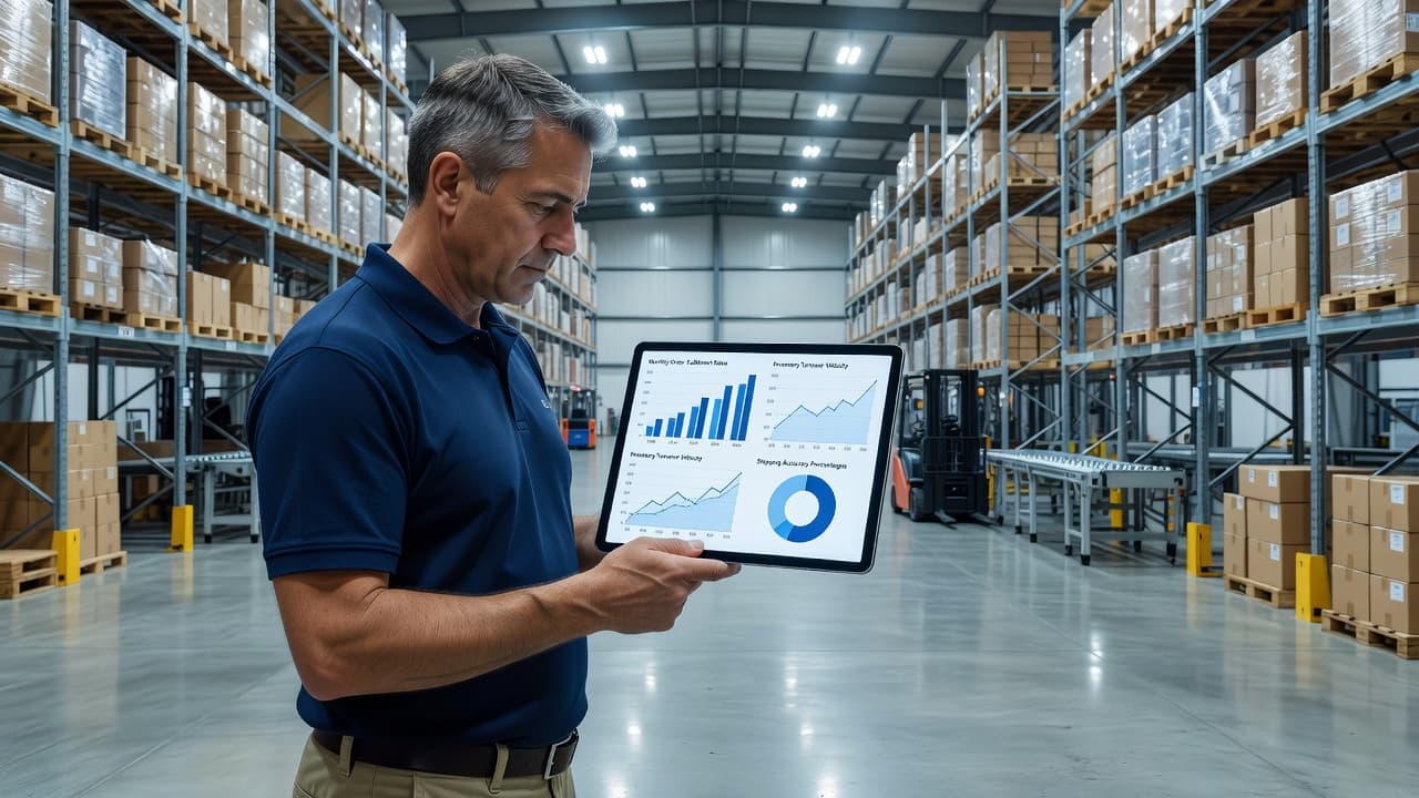 A focused professional stands in a bright industrial warehouse holding a tablet device. The screen displays vibrant analytical charts and performance graphs, contrasting modern digital insights with the surrounding storage facility shelves.