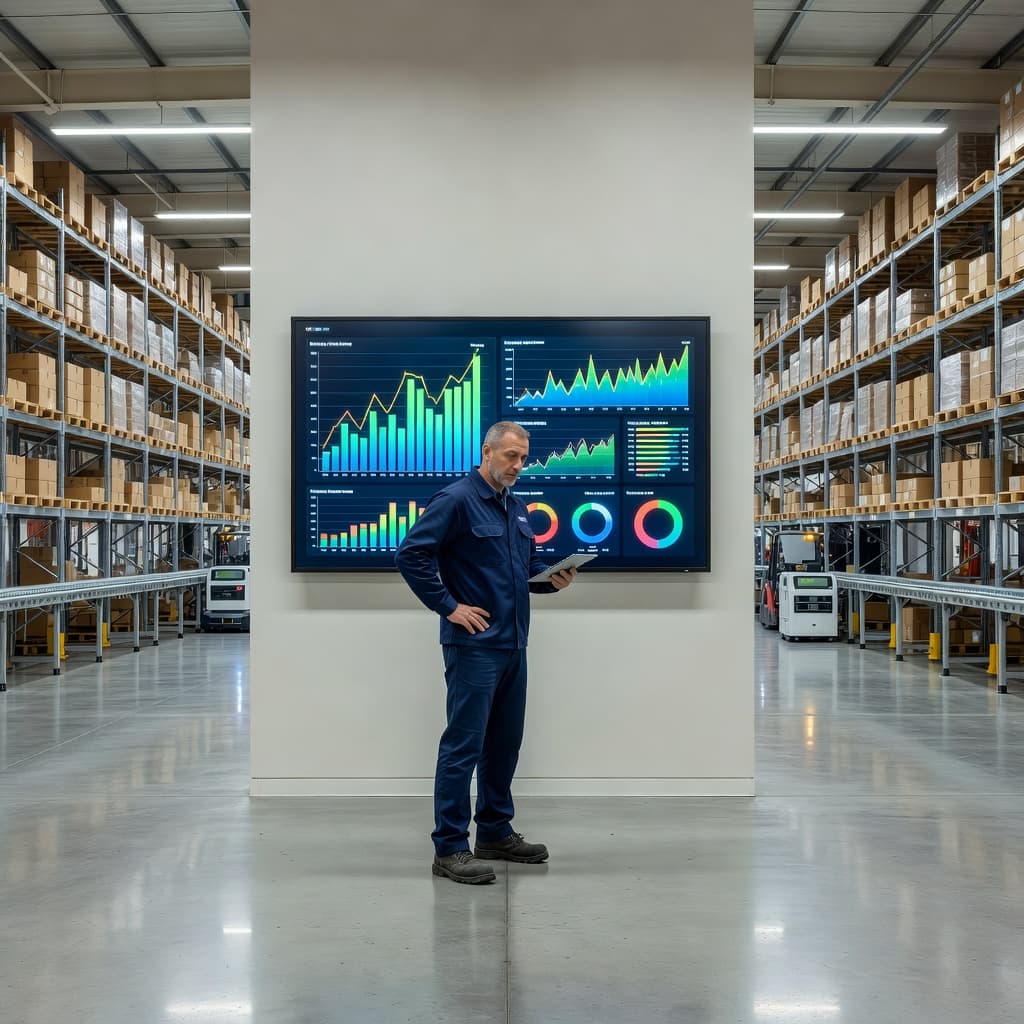 A focused manager in a modern distribution center examines a wall-mounted digital dashboard displaying colorful performance metrics. Clean aisles stretch out behind him, emphasizing a high-tech approach to logistics management.