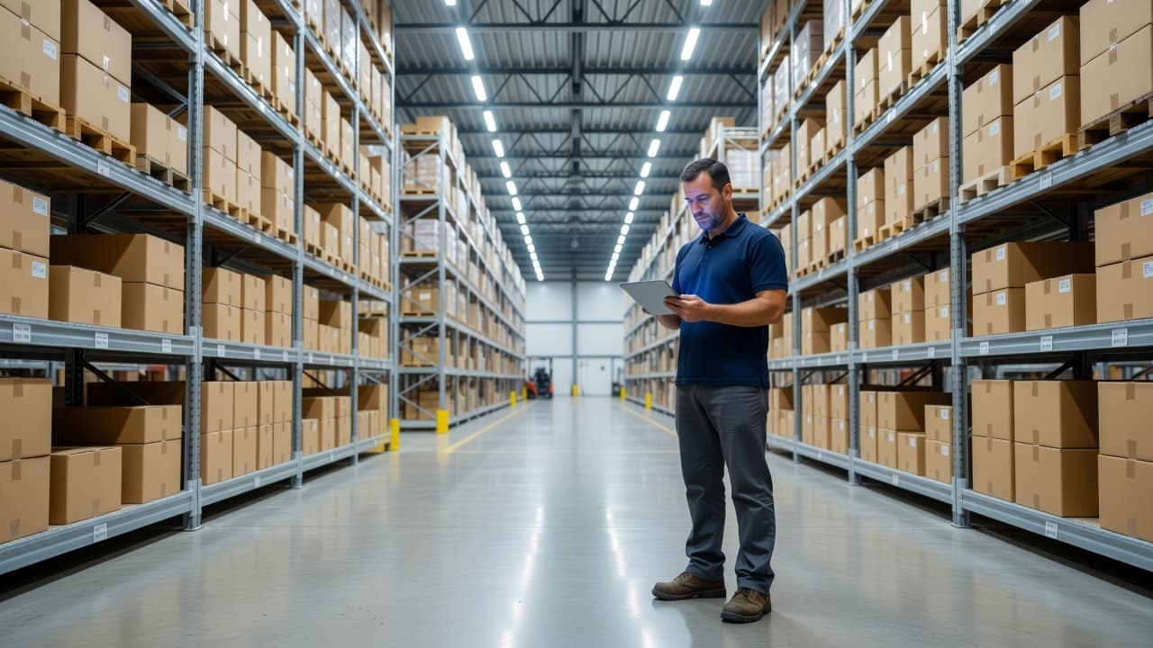 A professional manager stands in a clean, brightly lit warehouse aisle filled with high storage shelves. He holds a digital tablet to review facility operations data in this organized space.