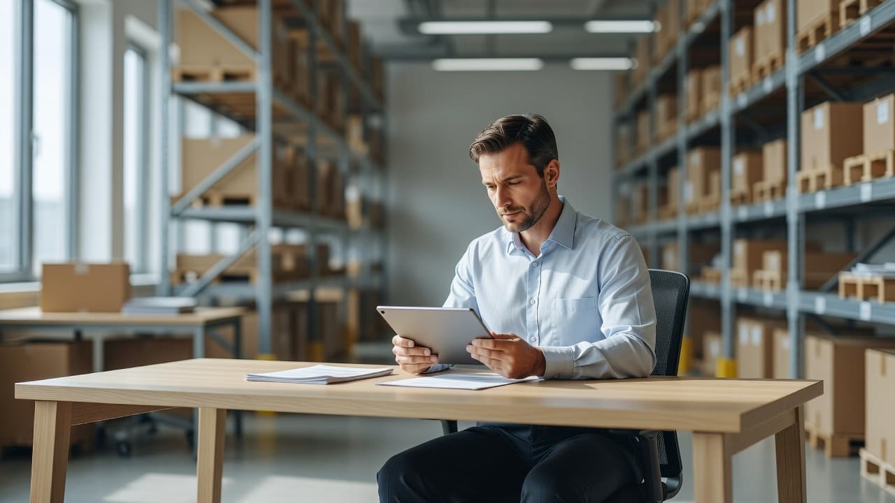 A professional employee sits at a clean desk within a warehouse facility, carefully reviewing a digital report on a tablet. Blurred industrial storage racks fill the background under bright natural light.
