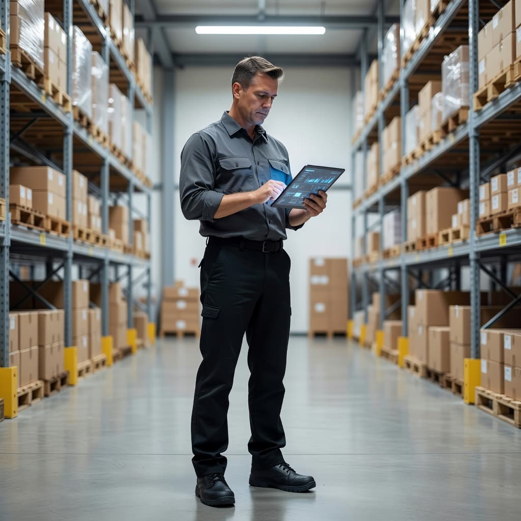 A professional stands in a bright industrial warehouse holding a digital tablet. Blurred storage shelves fill the background, while the individual focuses intently on data displayed on the screen.