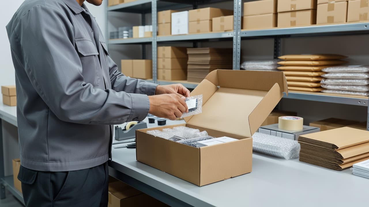 A warehouse employee carefully places items into a cardboard shipping box at a clean, organized station. Rows of neatly arranged shelves sit in the background under bright overhead lighting.