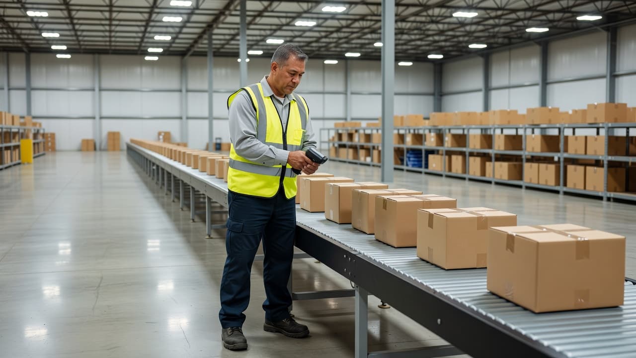 A single warehouse employee in a neon high-visibility vest uses a handheld digital scanner on cardboard boxes traveling down a stainless steel conveyor belt within a clean, industrial logistics facility.
