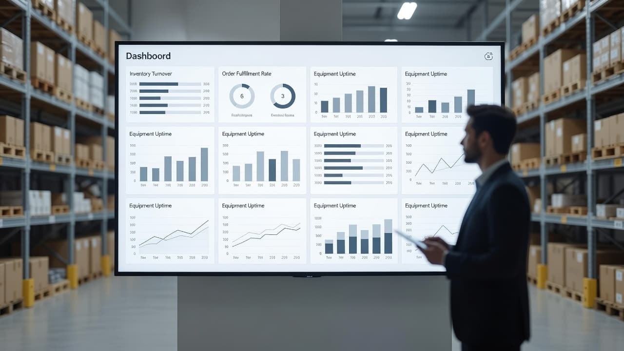 A wall-mounted monitor displays a digital interface featuring colorful progress bars and performance charts. A professional worker stands nearby, reviewing the organized data metrics within a clean, industrial warehouse setting.
