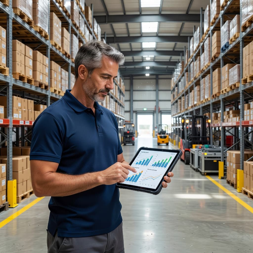 A focused warehouse manager examines digital shipping analytics on a handheld tablet. In the background, organized industrial racks are visible under bright lighting, highlighting a clean and modern distribution facility environment.