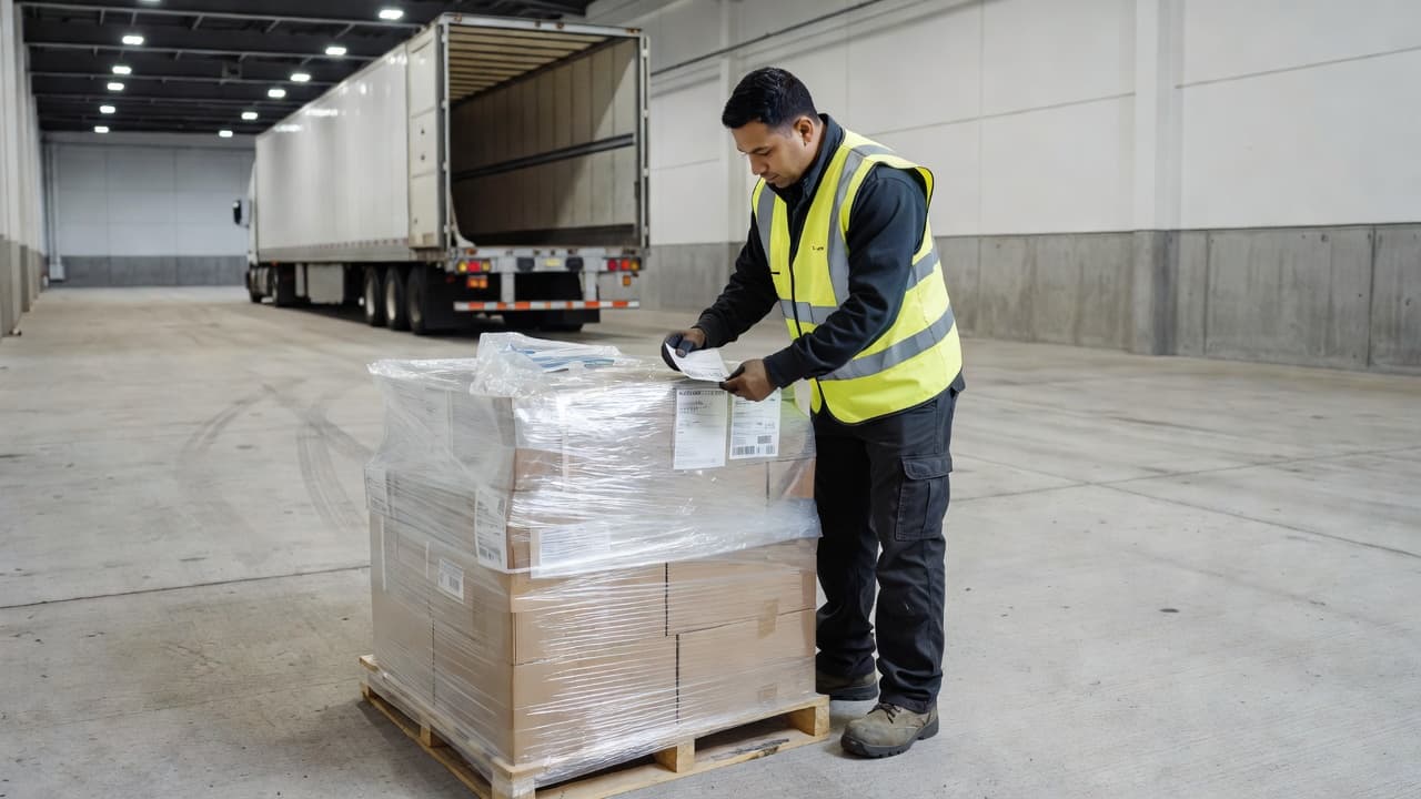 A warehouse employee wearing a neon safety vest reviews a barcode on a plastic-wrapped pallet. A large freight truck idles in the background on the loading dock under bright overhead lighting.