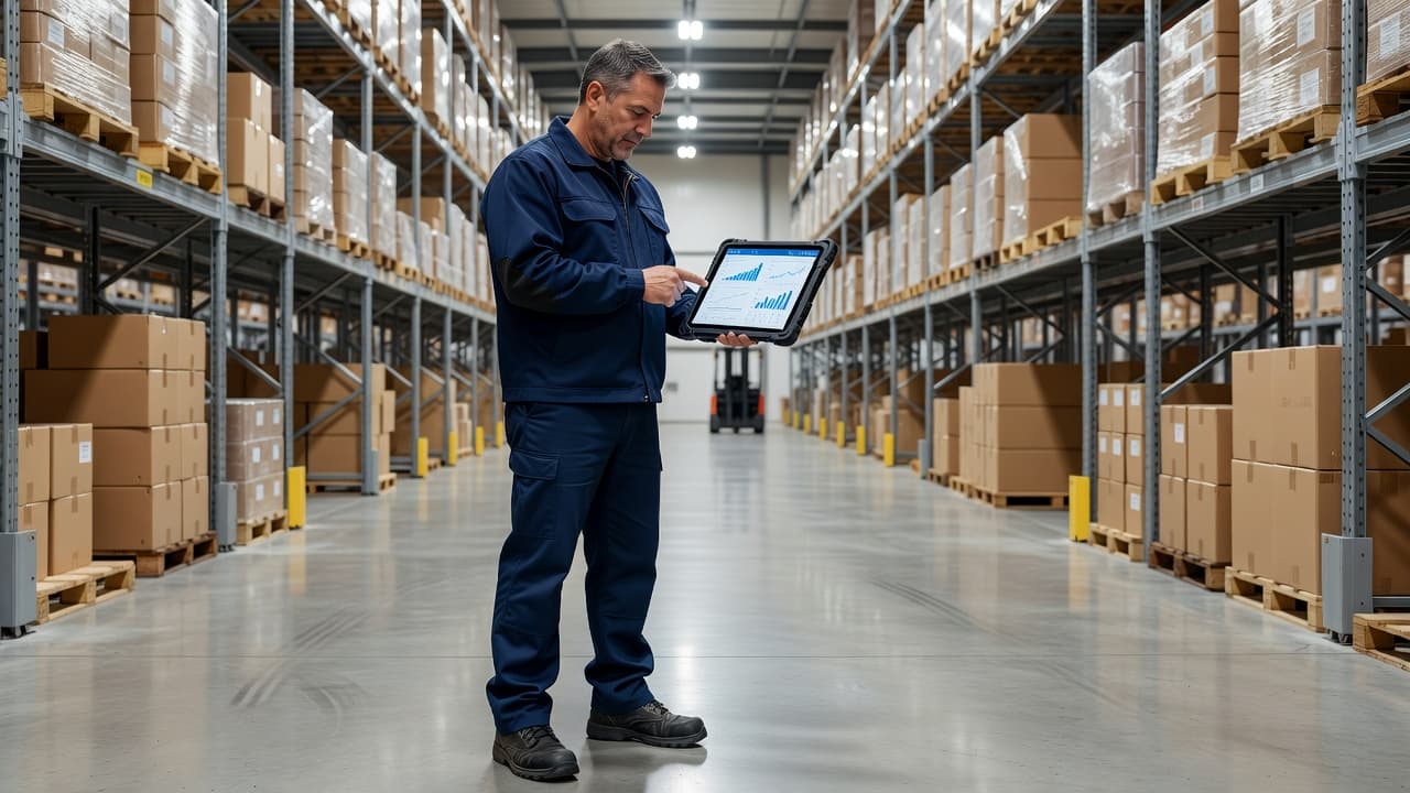 A professional warehouse supervisor stands on a clean concrete floor, carefully examining digital performance metrics on a tablet screen. Organized inventory storage aisles stretch into the background under bright facility lighting.