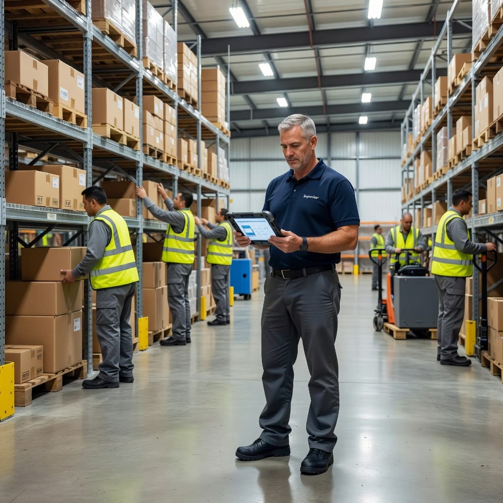 A focused warehouse supervisor holds a digital tablet while standing in a bright, organized distribution facility. Uniformed staff members stock inventory on tall metal shelving units in the blurred background.