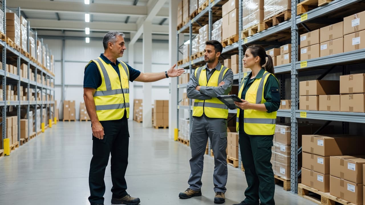 Three warehouse staff members stand together in a bright facility while listening to a supervisor. The leader gestures toward organized metal shelving units to explain new safety procedures during training.