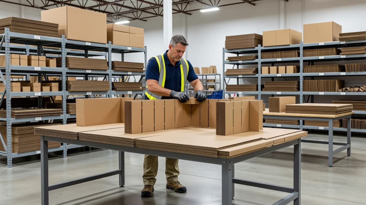 A focused employee stands in a brightly lit industrial warehouse, precisely folding cardboard panels into a custom point-of-sale display. Shelving units filled with inventory are visible in the blurred background.