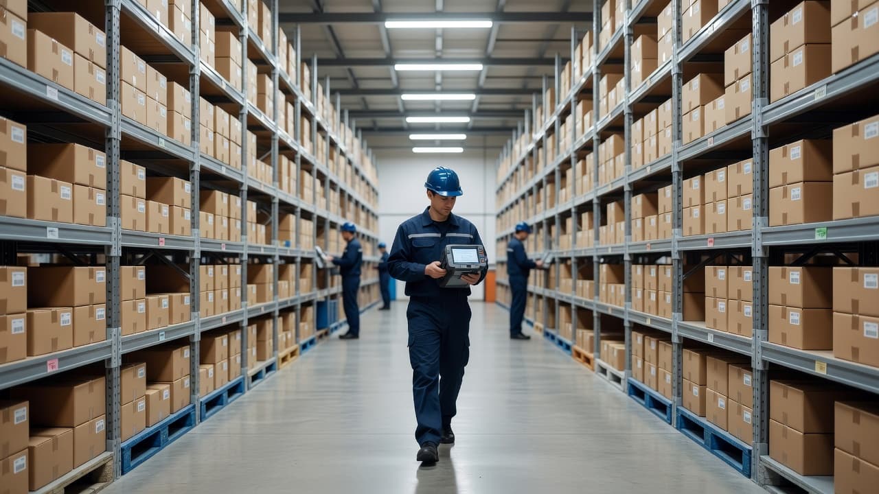 A professional employee wearing a high-visibility vest walks down a bright warehouse aisle holding a digital scanner. Tall metal shelves filled with organized inventory stretch into the background of the facility.