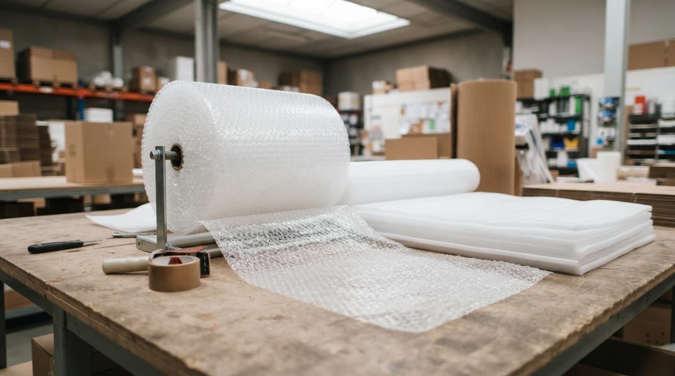 Rolled bubble wrap and foam sheets on a clean warehouse packing table.