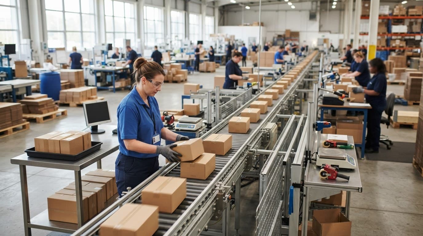 A worker checks boxed products beside an assembly line in a bright factory.
