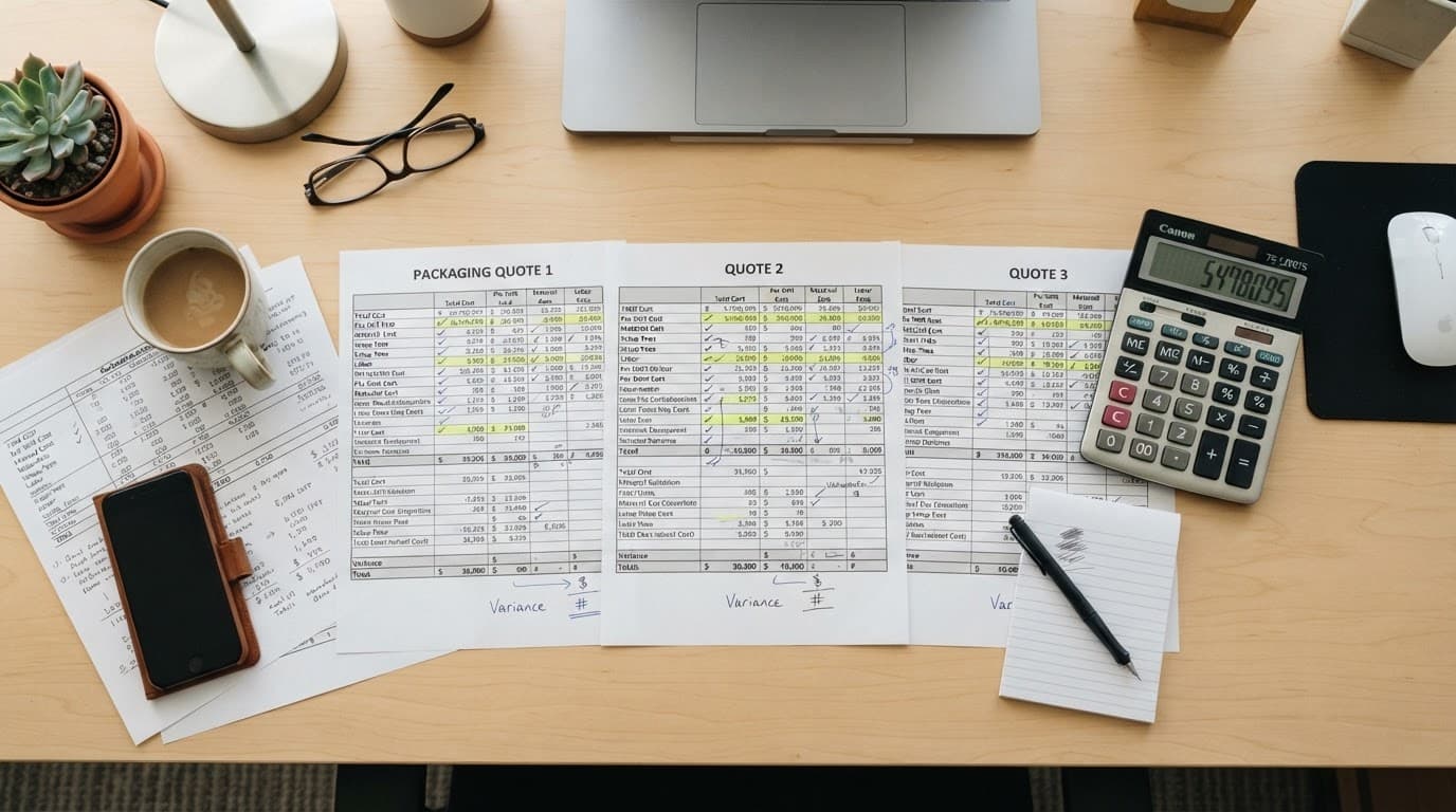 A desk viewed from above with calculation sheets and a calculator in bright light.