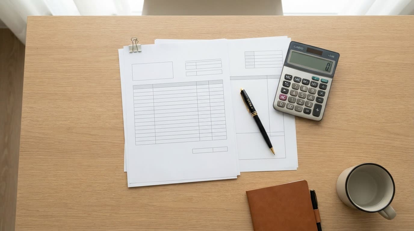 A contract packaging document, calculator, and pen rest on a clean desk.