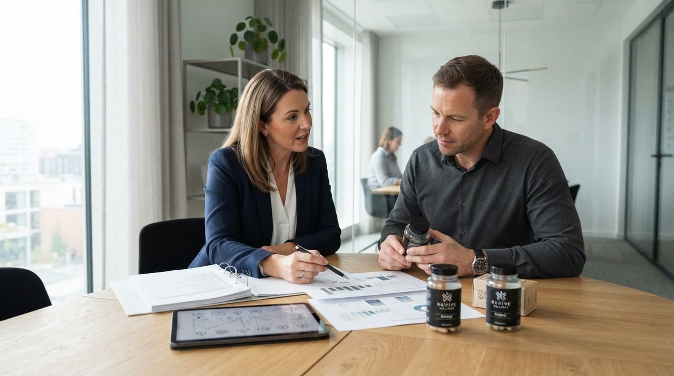 Two business partners reviewing supplement specifications and sample bottles at a wooden conference table.