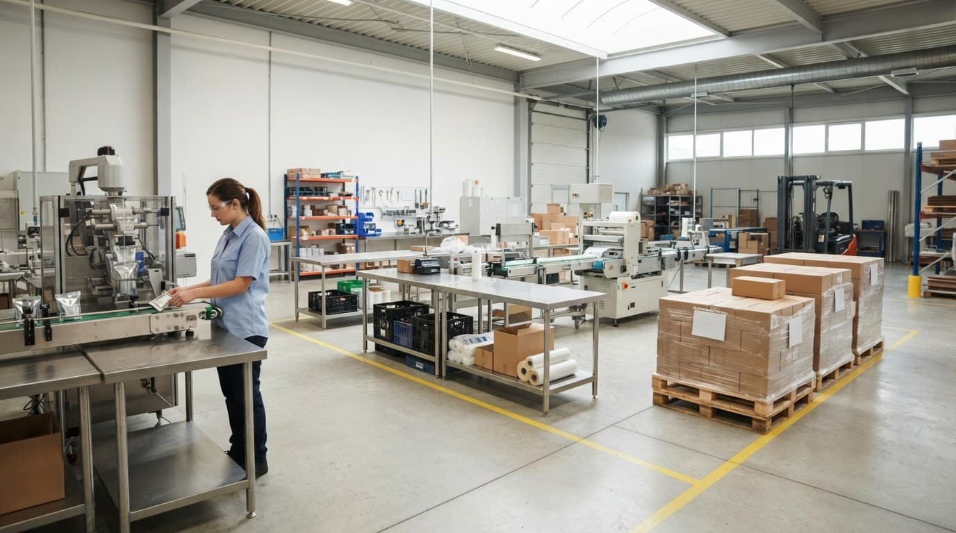 An organized packaging facility floor with a worker managing clean work tables and pallet staging.
