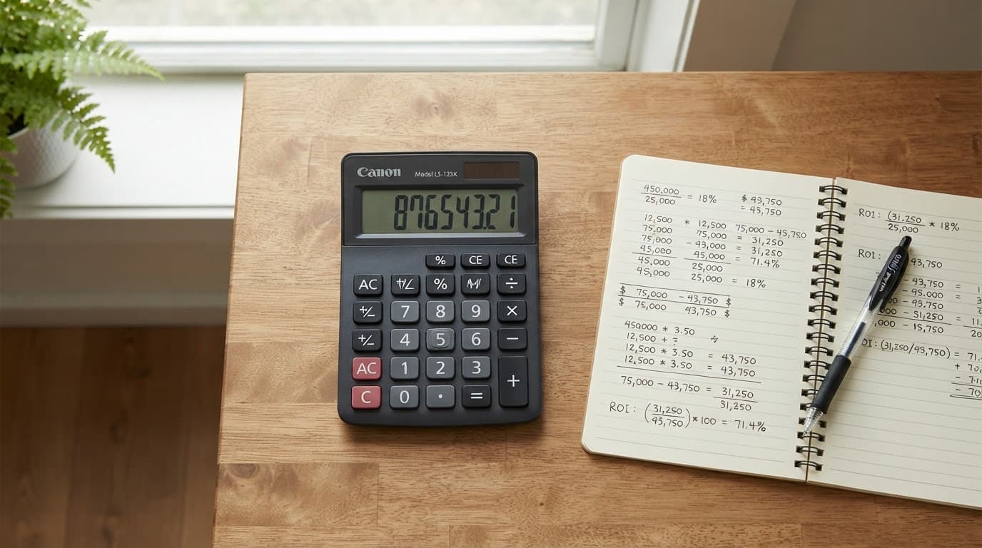 Calculator, pen, and financial notepad arranged on a wooden office desk.