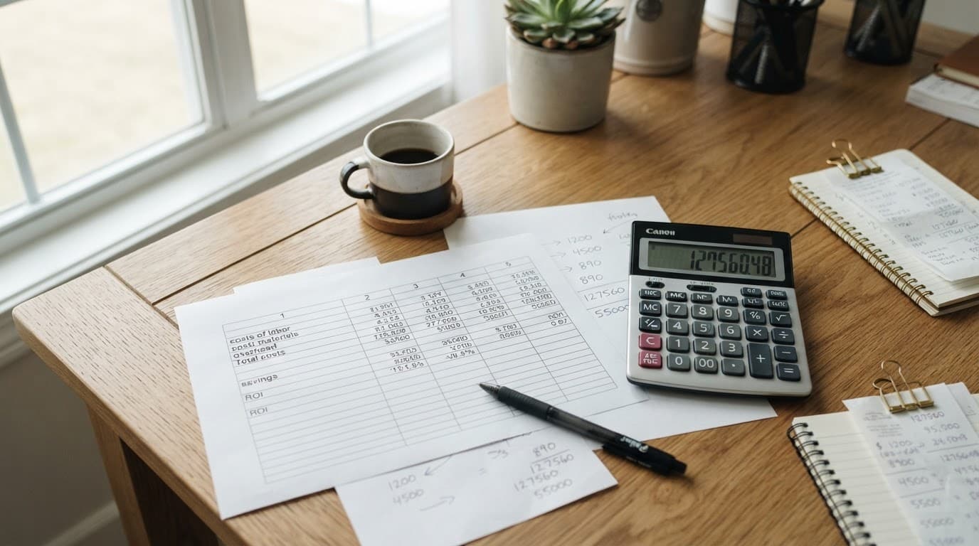 A spreadsheet and calculator on a wooden desk in soft window light.