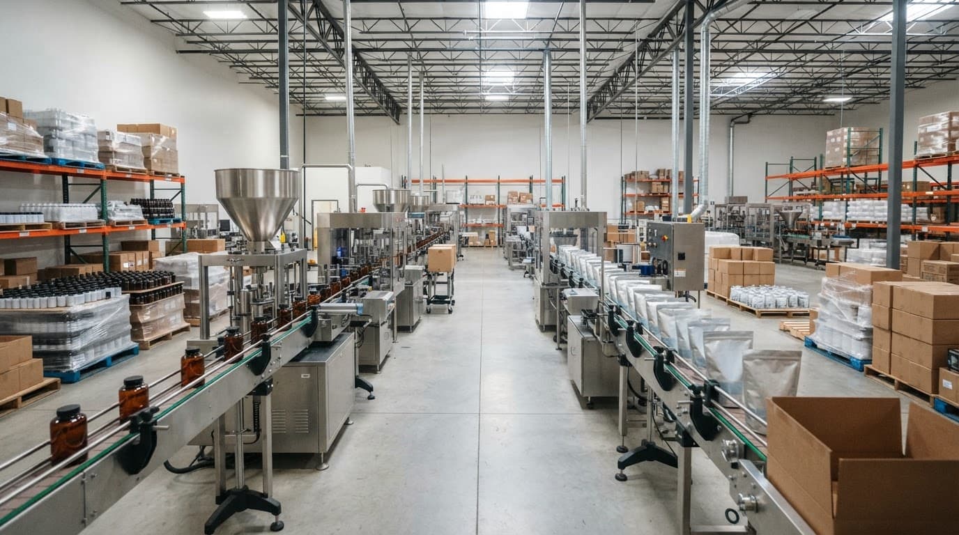 An automated production line inside a clean, well-lit contract packaging warehouse floor.