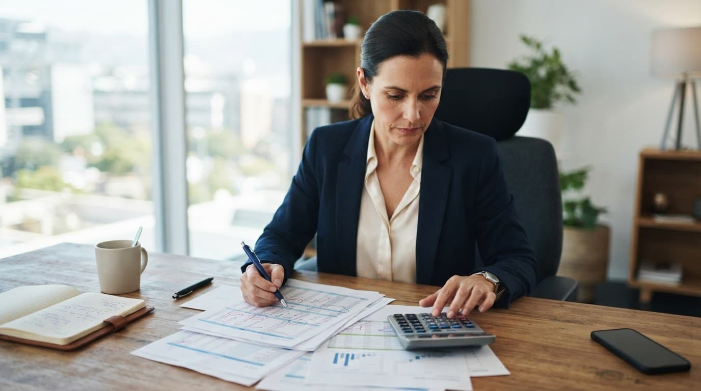 A business professional checks spreadsheets and a calculator at a wooden desk.