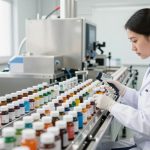 A technician inspecting vitamin bottles on a stainless steel conveyor belt.