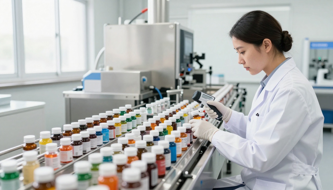 A technician inspecting vitamin bottles on a stainless steel conveyor belt.
