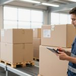 A logistics specialist in a safety vest inspects a product in a large warehouse.