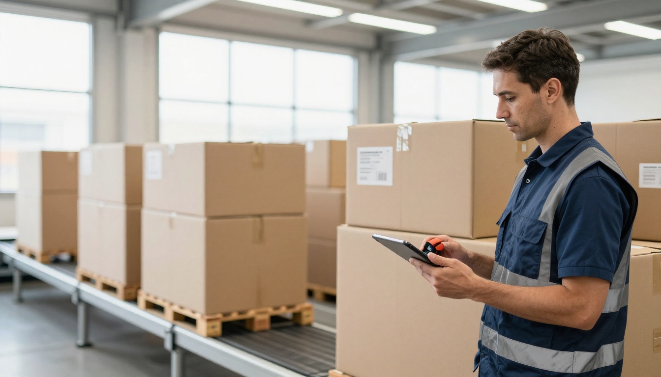 A logistics specialist in a safety vest inspects a product in a large warehouse.